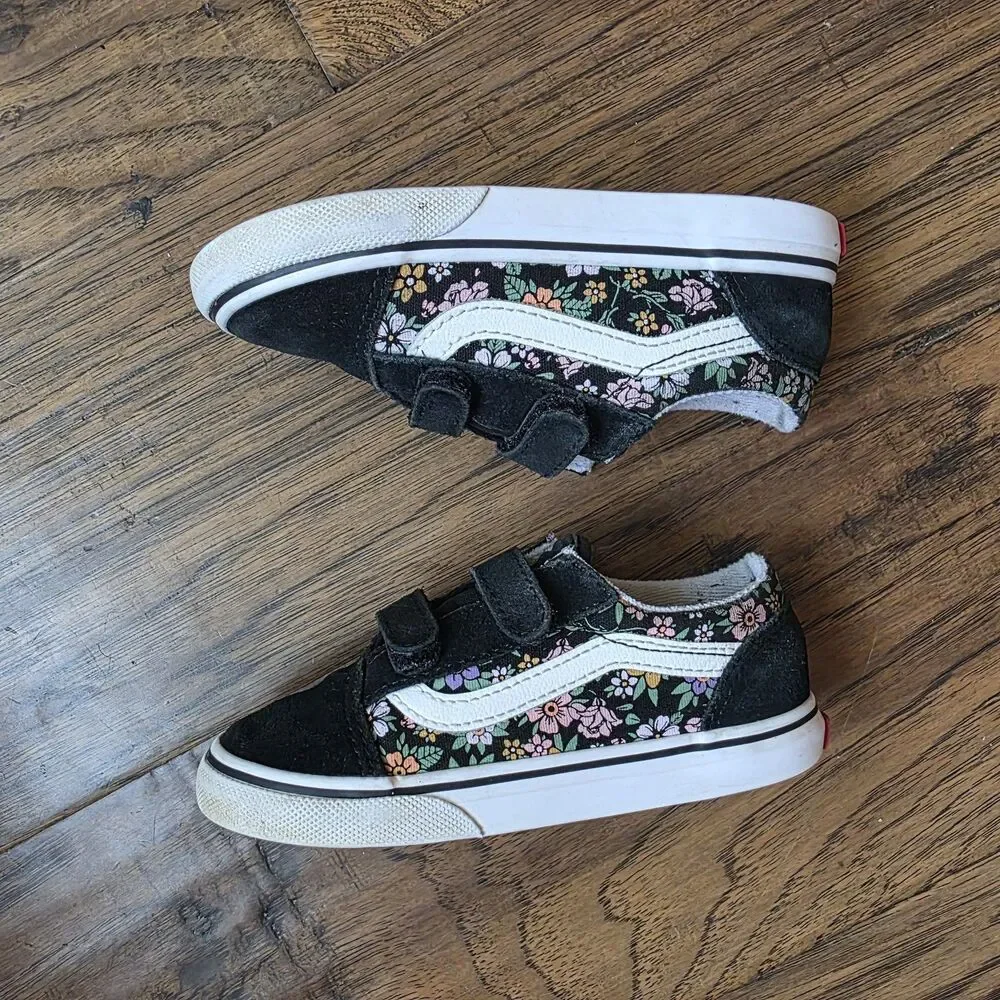 Vans Old Skool V Sneakers Youth Girl Size 10 Flower Fun Floral Black Hook & Loop